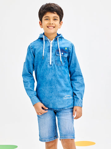 Shop  Blue Denim Hooded Shirt for Boys