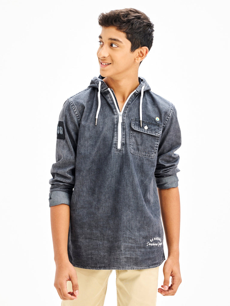 Shop  Black Denim Hooded Shirt for Boys