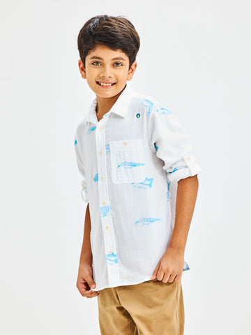 Shop  White Pure Cotton Printed Shirt for Boys