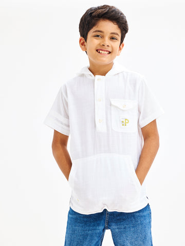 Shop  White Pure Cotton Hooded Shirt for Boys